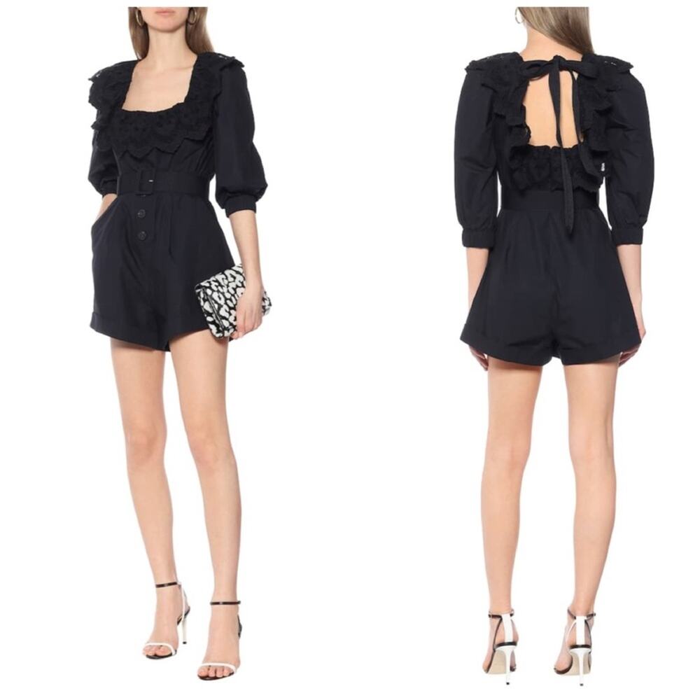Self Portrait Black Lace Trimmed Cotton Poplin Play Suit Romper‎ Size 4 NEW